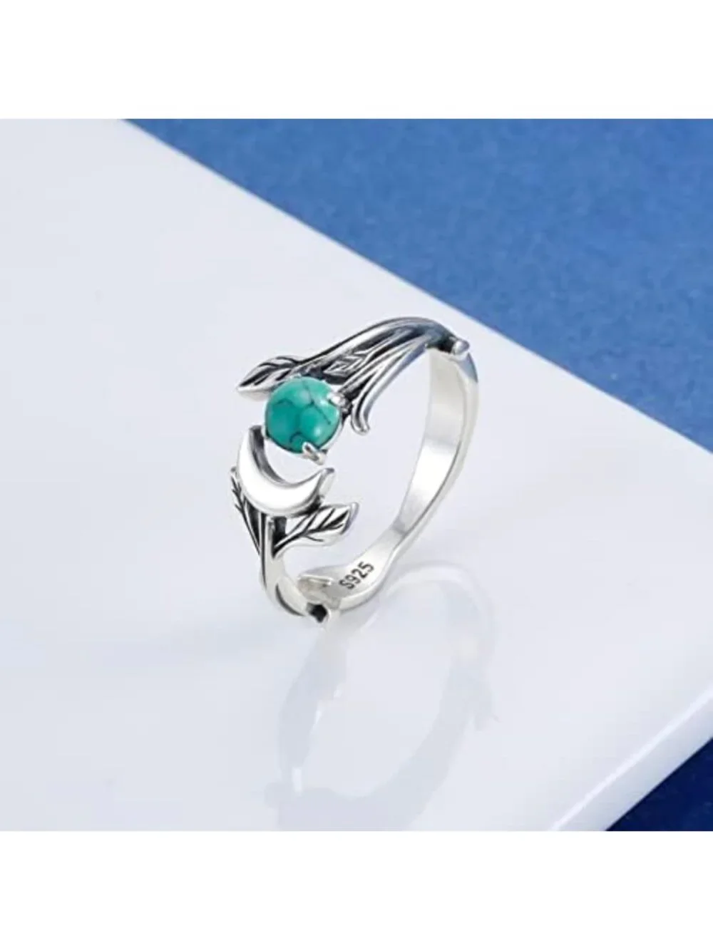 Adjustable Crescent Moon Ring with Moonstone, Turquoise & Fire Opal in 925